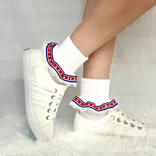 STARS and Stripes  patriotic lace cuff socks - white, American socks for women., Catherine Cole signature socks