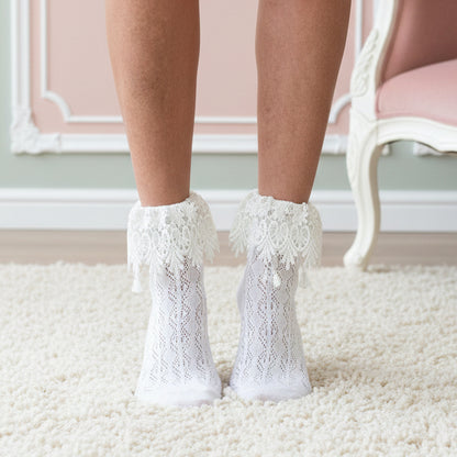 Signature Ruffled ankle Lace Boot Socks - White