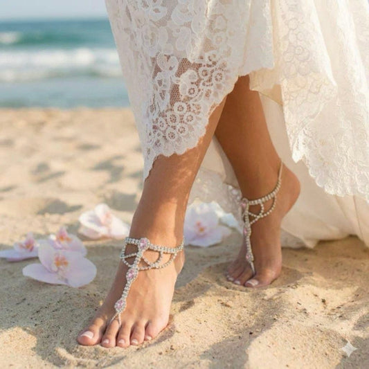 Pair of Pink Silver Rhinestone Barefoot Sandals • BRIDE Wedding Foot Jewelry