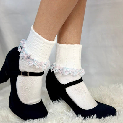 OMBRE" tatted  lace cuff ankle socks  - white blue, women’s lace ankle socks, best quality ruffle trim socks women’s.