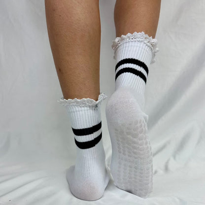 YOGA stripe grip crew socks - white, sticky bottom sports, exercise socks women fun