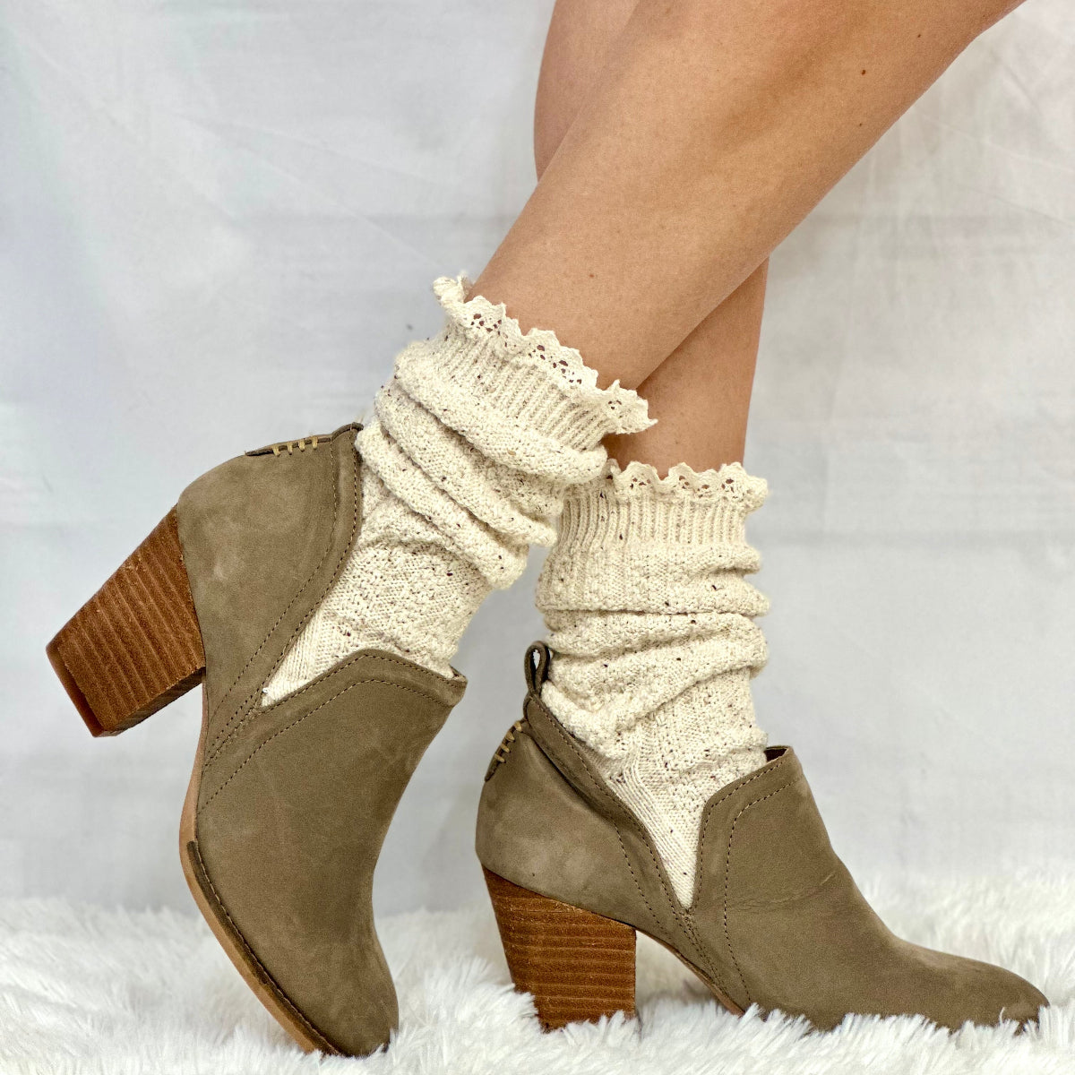 BOOTIE  lace slouch  socks - oatmeal, made in usa slouch socks for women, Catherine Cole Signature socks