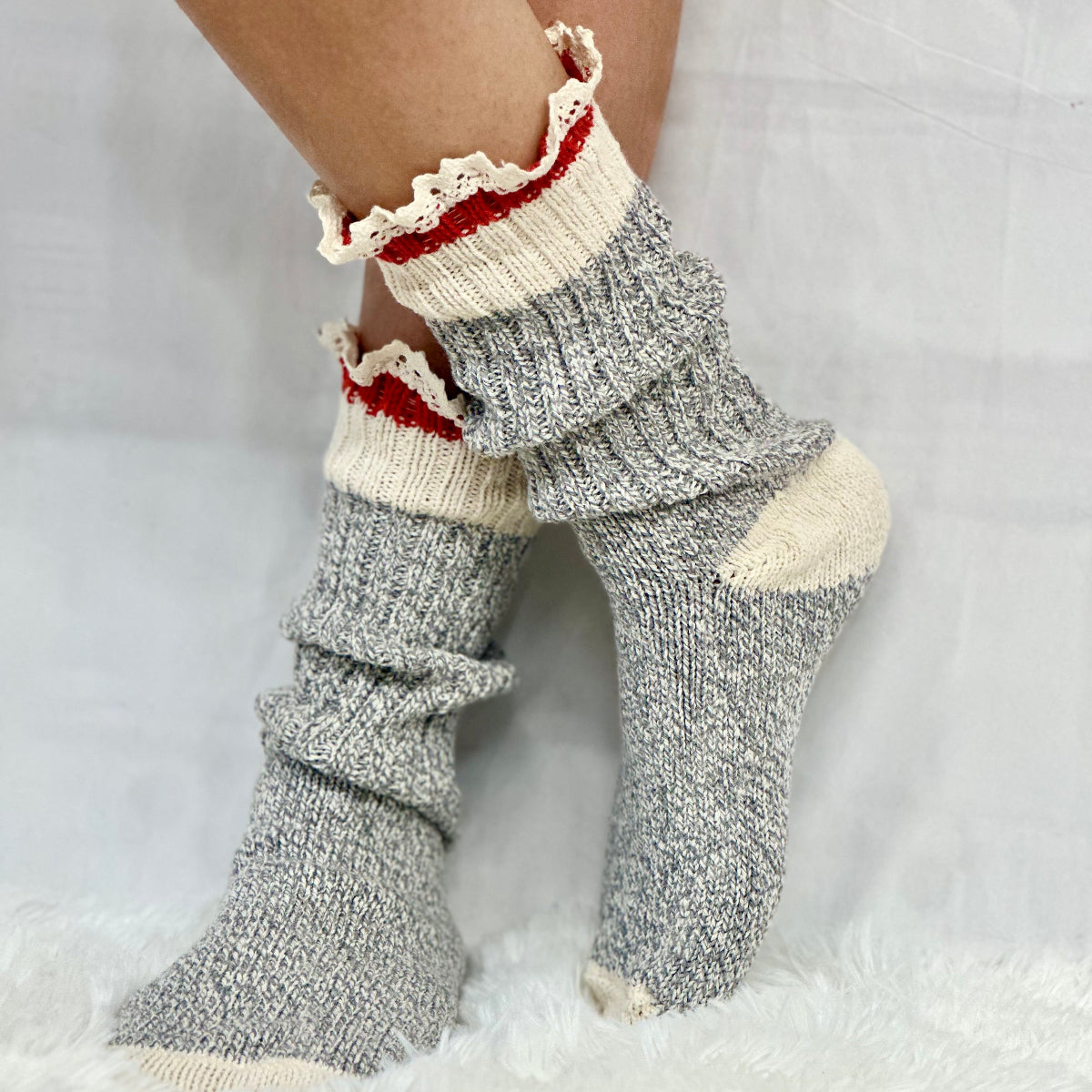 VINTAGE rag striped crew socks women's, made in USA America lace topped socks women, Catherine Cole signature socks