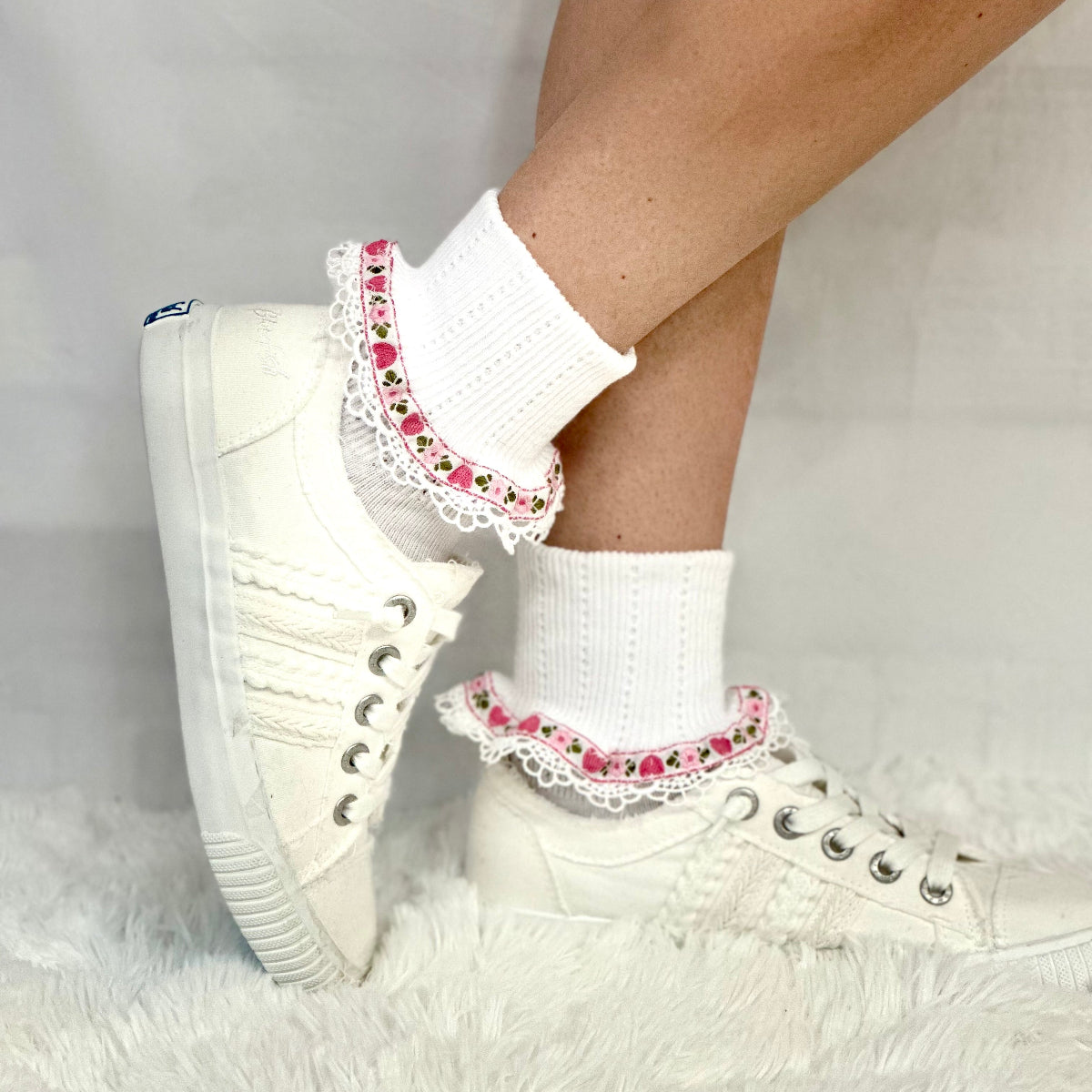 VALENTINE heart vintage lace cuff socks -pink, Catherine Cole signature lace socks, made in usa