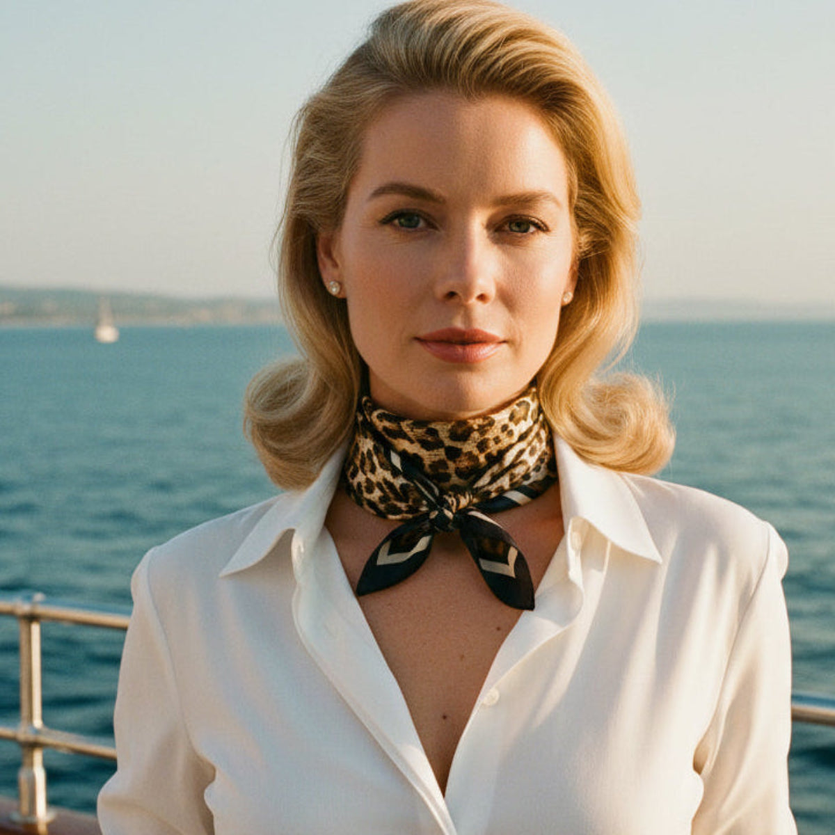 A leopard print neck scarf with black ribbon ends, tied in a knot around the neck of a white mannequin torso against a rustic whitewashed wood plank background.