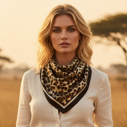 A woman wearing a leopard-print neck scarf with black trim over a cream-colored top, set against a warm, blurred outdoor background.