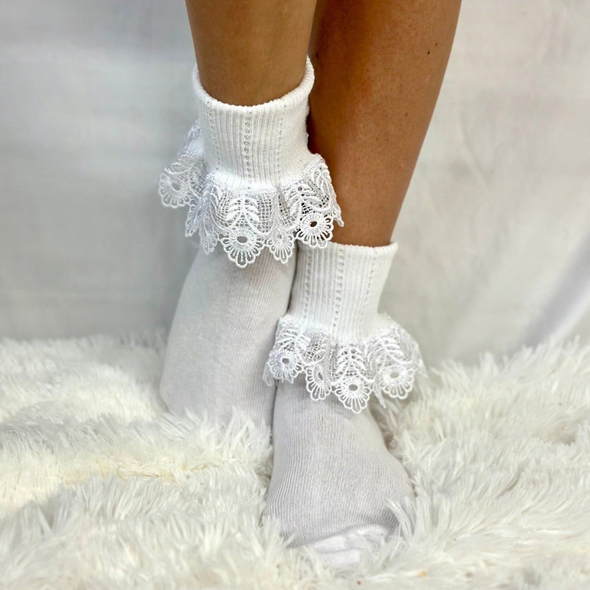 Blossom signature lace socks white quality fashion hosiery , Catherine Cole Atelier, crew women's lace socks best quality.