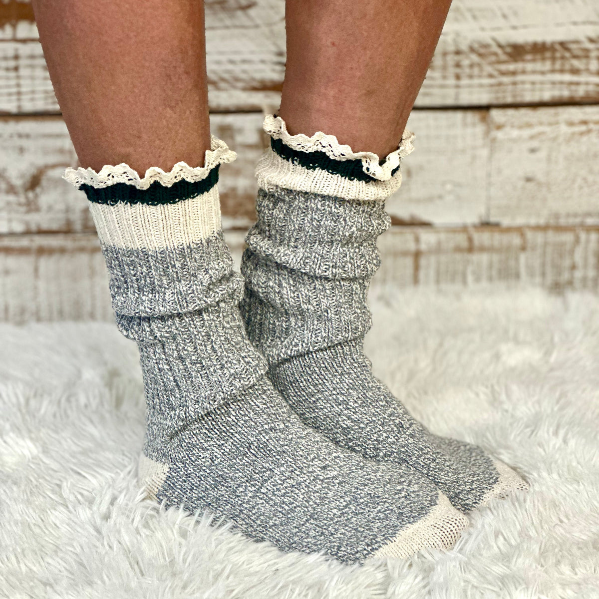 STRIPED recycled Cotton Crew Socks Lace Trim - GREEN | Made in America with premium yarn by Catherine Cole, vintage sock monkey style | Catherine Cole