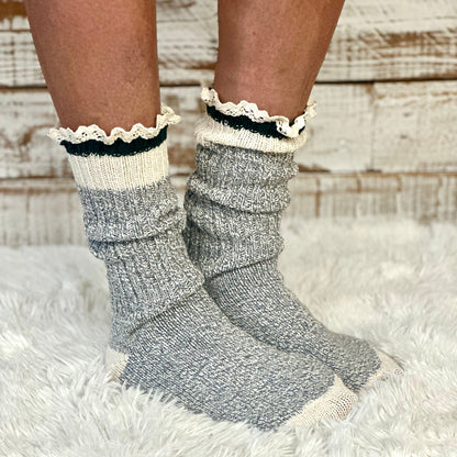 STRIPED recycled Cotton Crew Socks Lace Trim - GREEN | Made in America with premium yarn by Catherine Cole, vintage sock monkey style | Catherine Cole