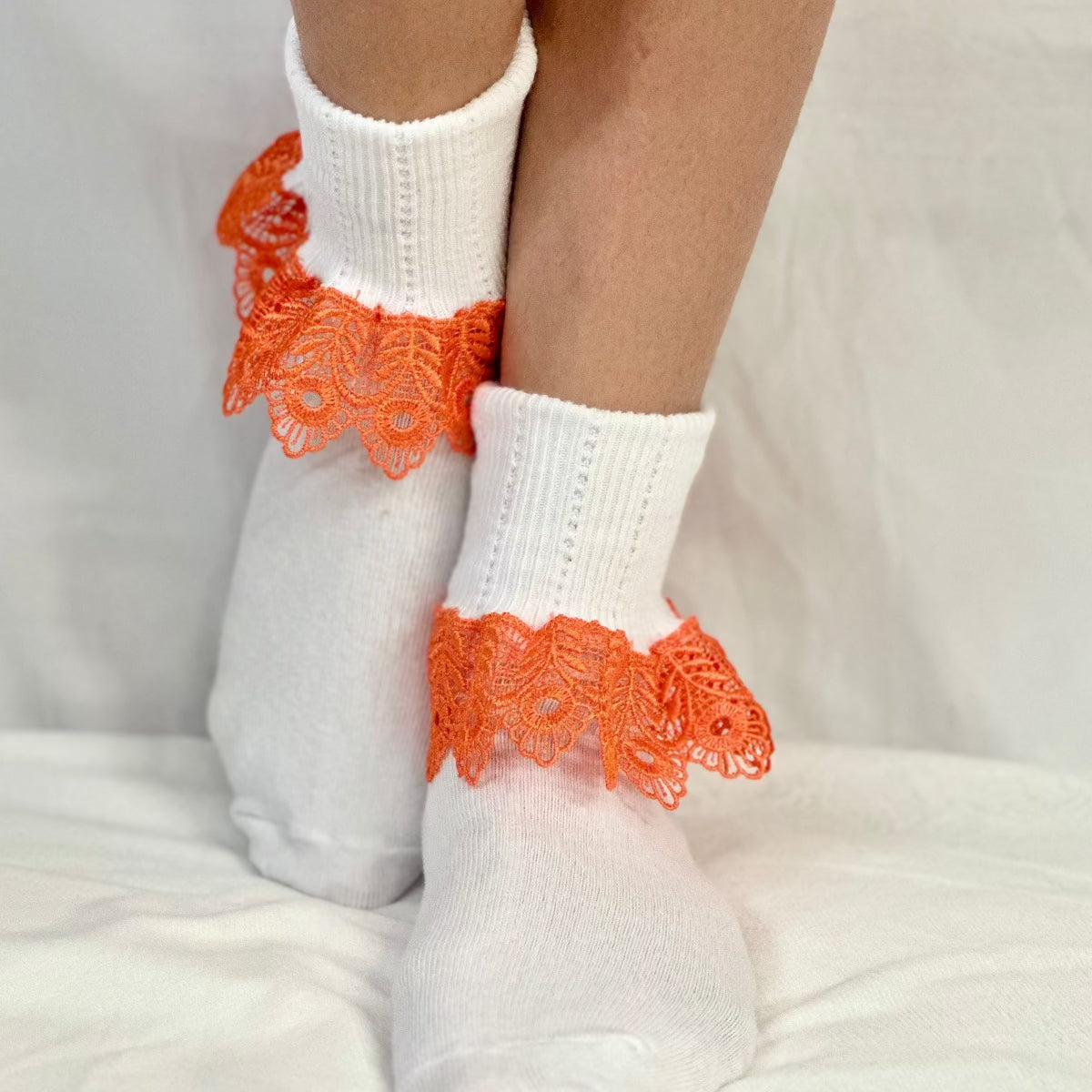 Orange lace socks ladies, signature lace cuff socks women's, ruffle socks.