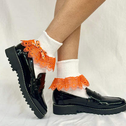 HALOWEEN bow  lace cuff socks - white / orange