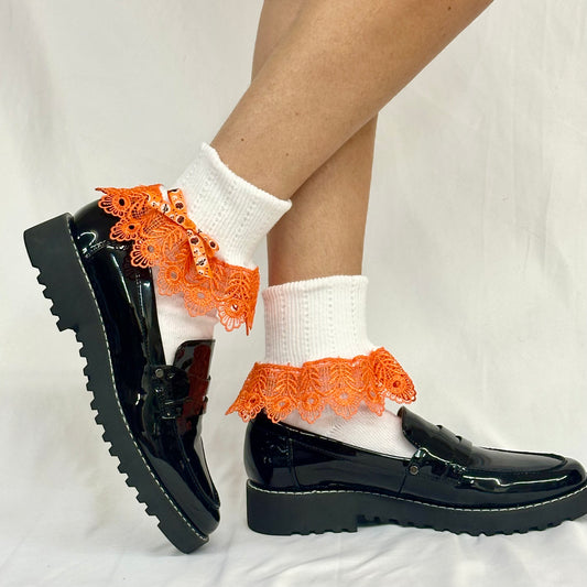 HALOWEEN bow  lace cuff socks - white / orange