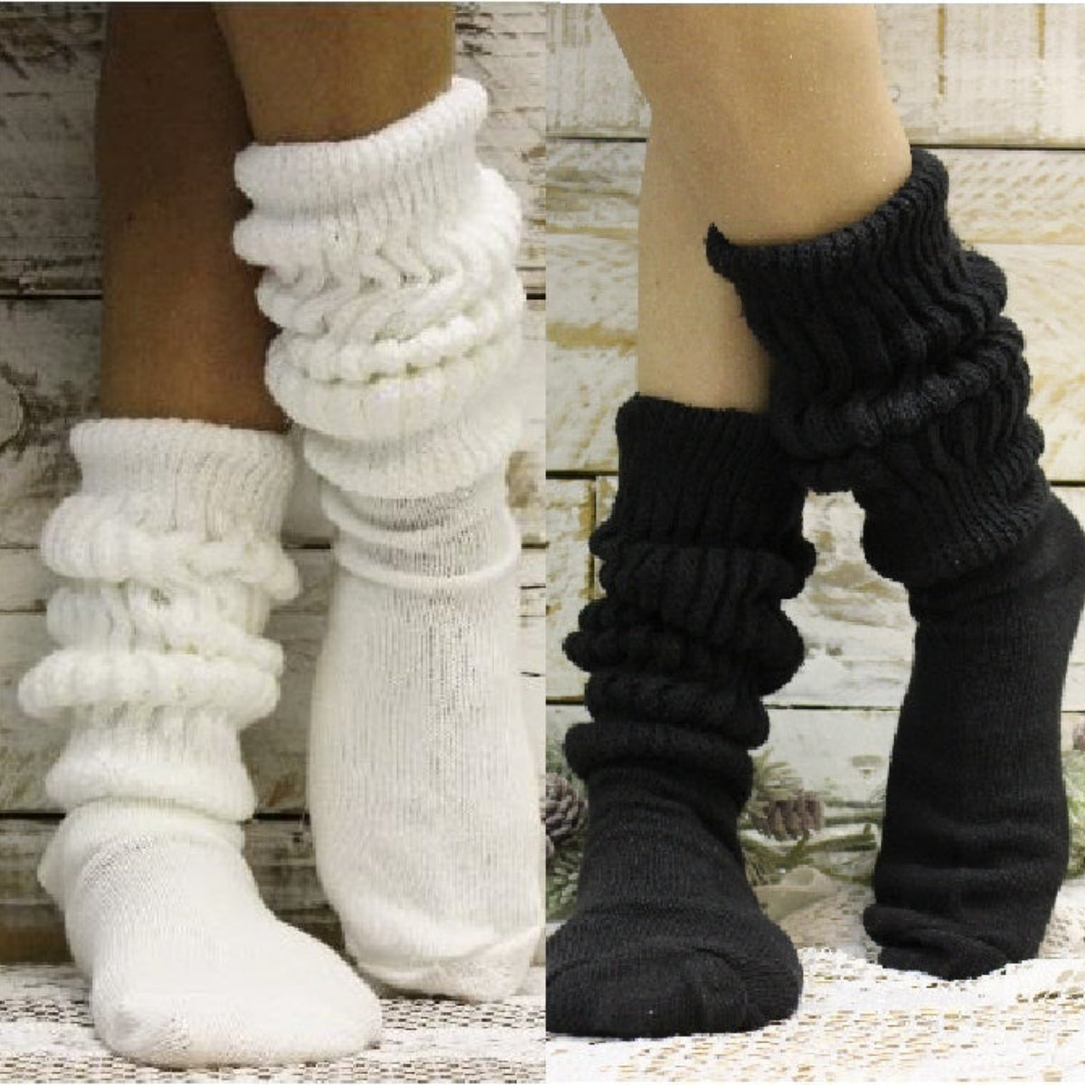 2 pairs bundle ULTIMATE slouch socks - 2 sizes - black, white, catherine cole signature socks, wthick chunly sloy socks men women adult