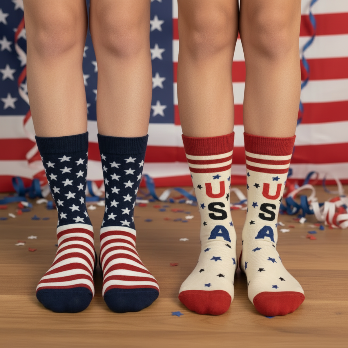 Two pairs of socks with American flag and 'USA' designs in front of an American flag background.