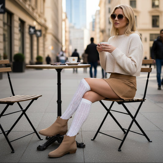 FLIRTY tall lace pointelle knee socks women, cute summer fashion, socks for boots and sneakers. Catherine Cole signature socks