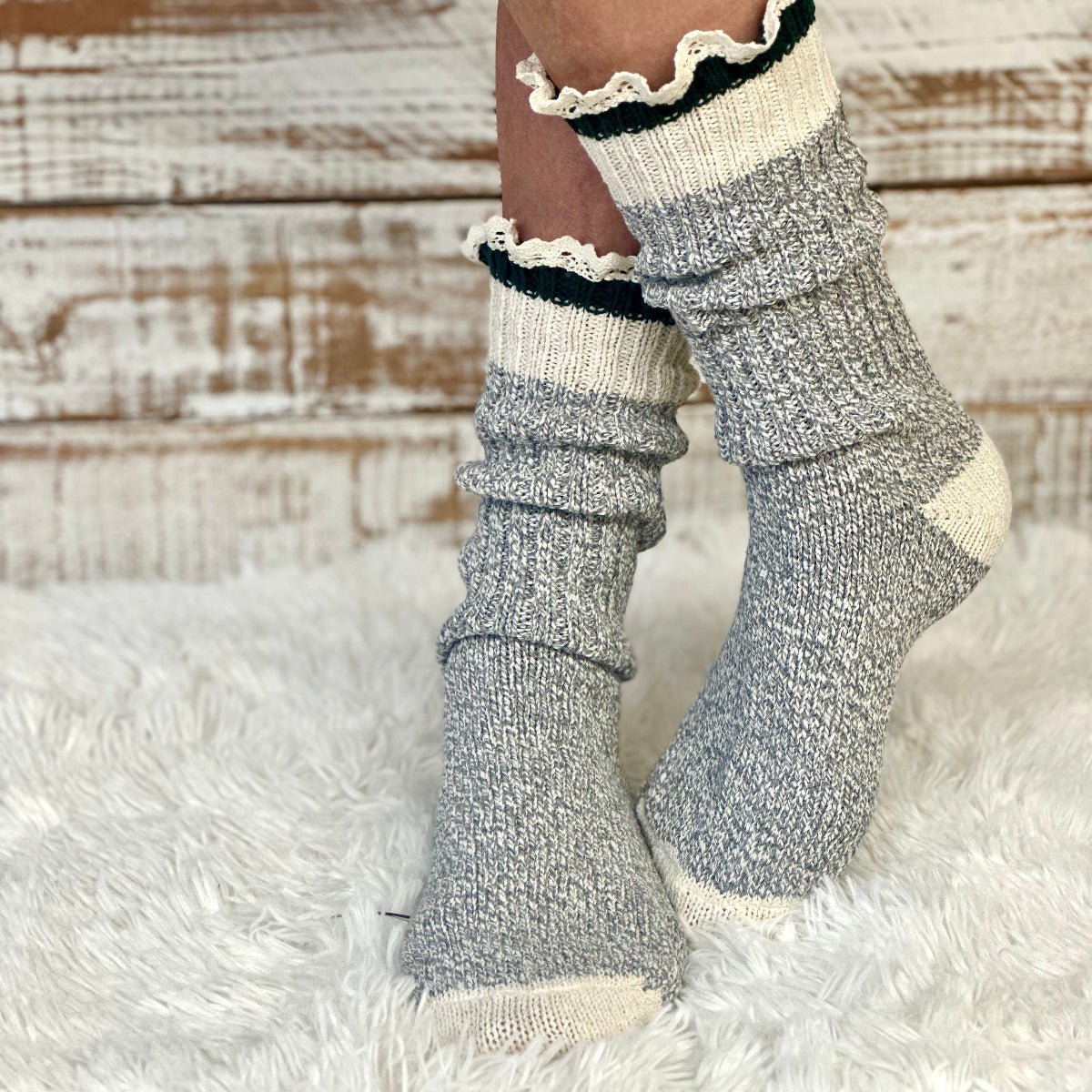 STRIPED recycled Cotton Crew Socks Lace Trim - GREEN | Made in America with premium yarn by Catherine Cole, vintage sock monkey style | Catherine Cole