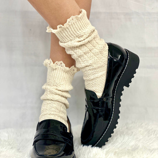 BOOTIE  lace slouch  socks - natural - made in usa slouch socks for women, Catherine Cole Signature socks cotton