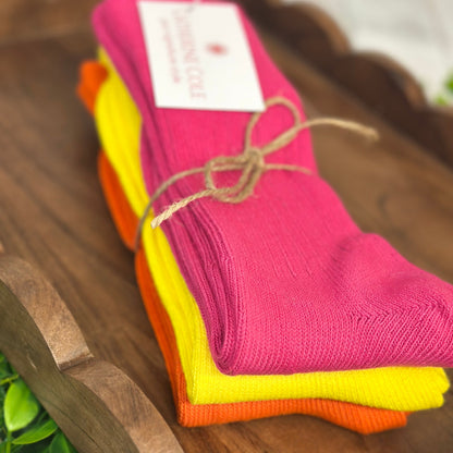3 Pack RETRO Cotton Crew Socks 10-12 - Fuchsia, Orange, Yellow | Made in USA