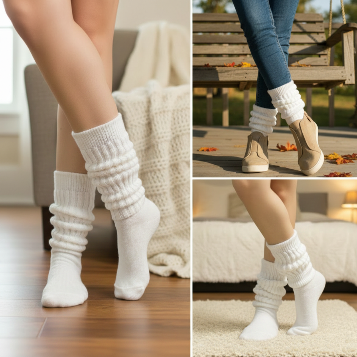 3 pairs of white cotton ultimate slouch socks, best quality made in USA