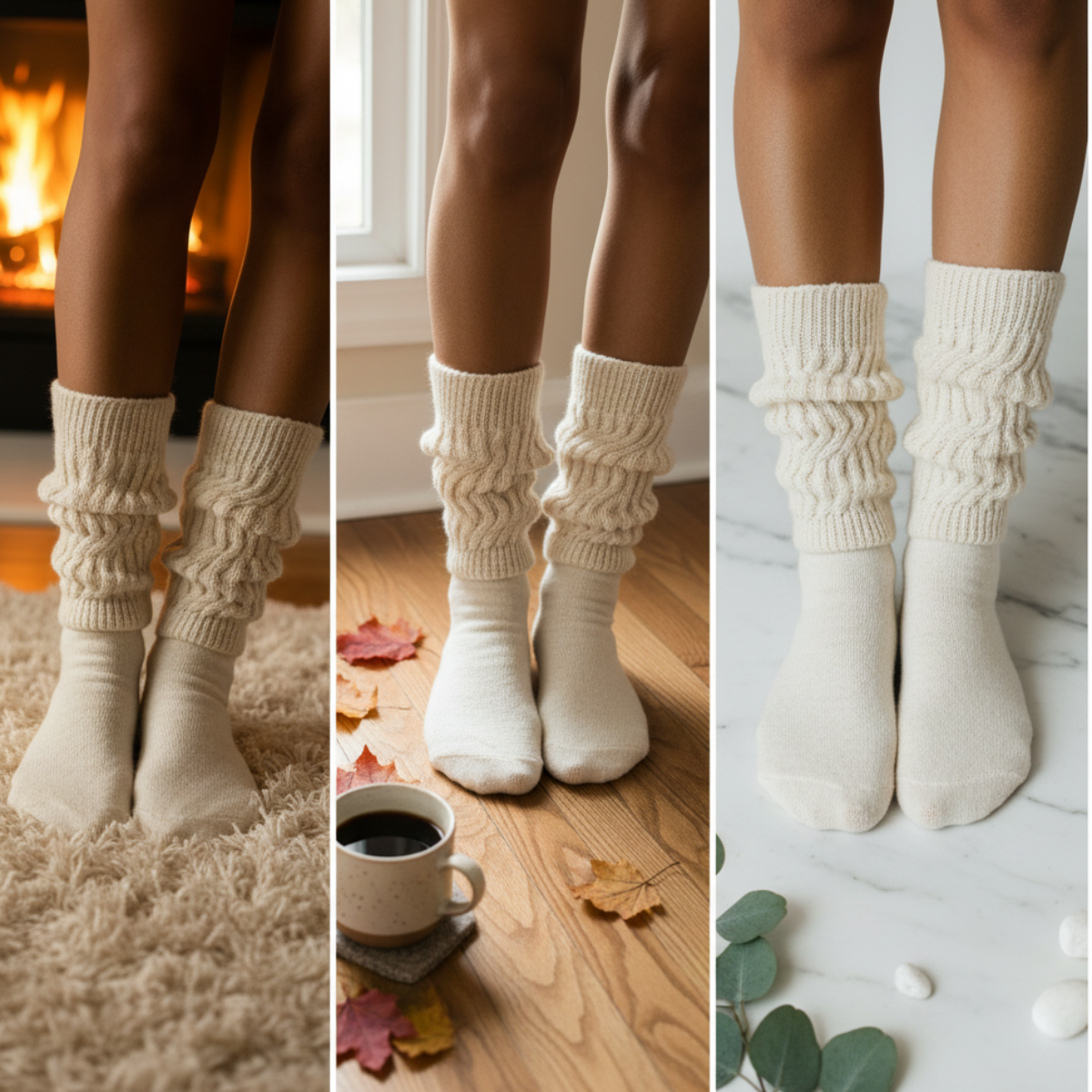 Collage of people wearing white knee-high socks with different backgrounds.ultimate beige slouch socks 3 pairs for adults