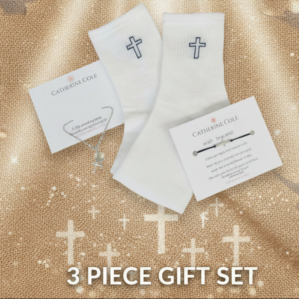 A pair of white ribbed socks with black cross embroidery, shown with two white product cards on a light beige textured background.