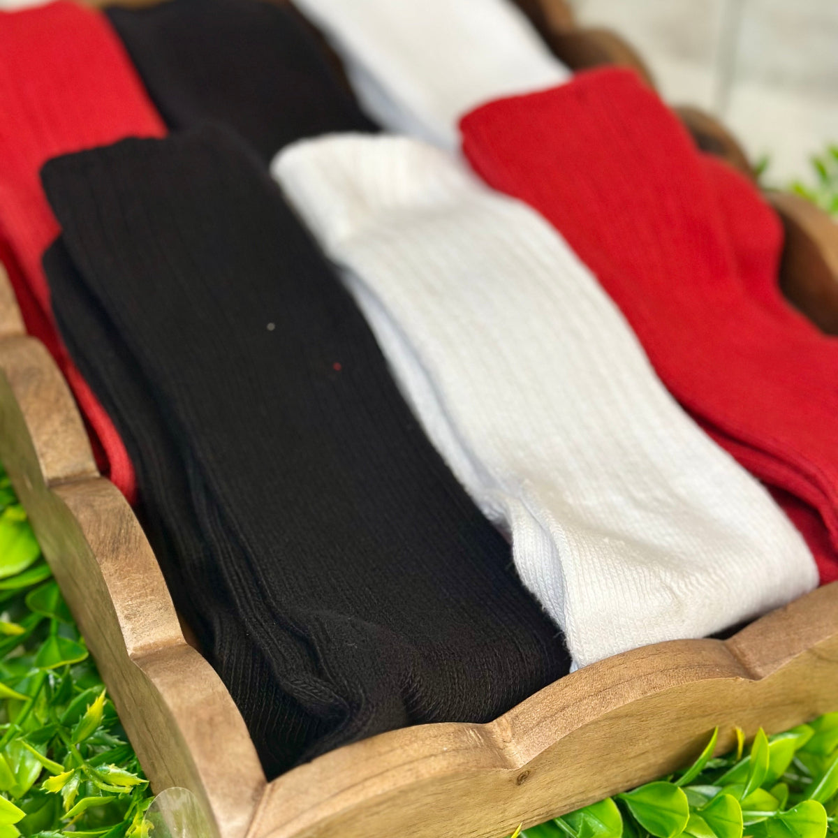 Set of black, white, and red socks in a wooden box with green leaves. by Catherine cole