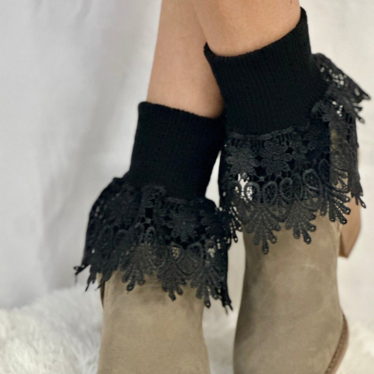 SIGNATURE lace ankle cuff socks women - black, lace socks for boots best 