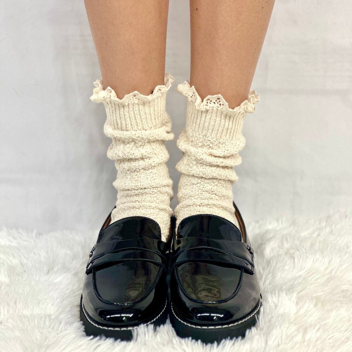 BOOTIE  lace slouch  socks - natural - made in usa slouch socks for women, Catherine Cole Signature socks cotton