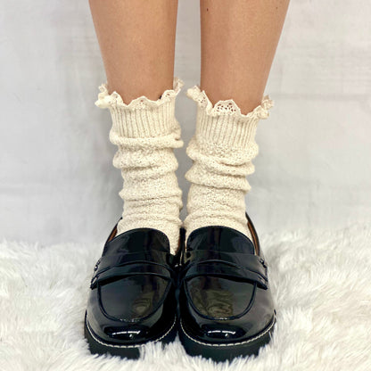 BOOTIE  lace slouch  socks - natural - made in usa slouch socks for women, Catherine Cole Signature socks cotton