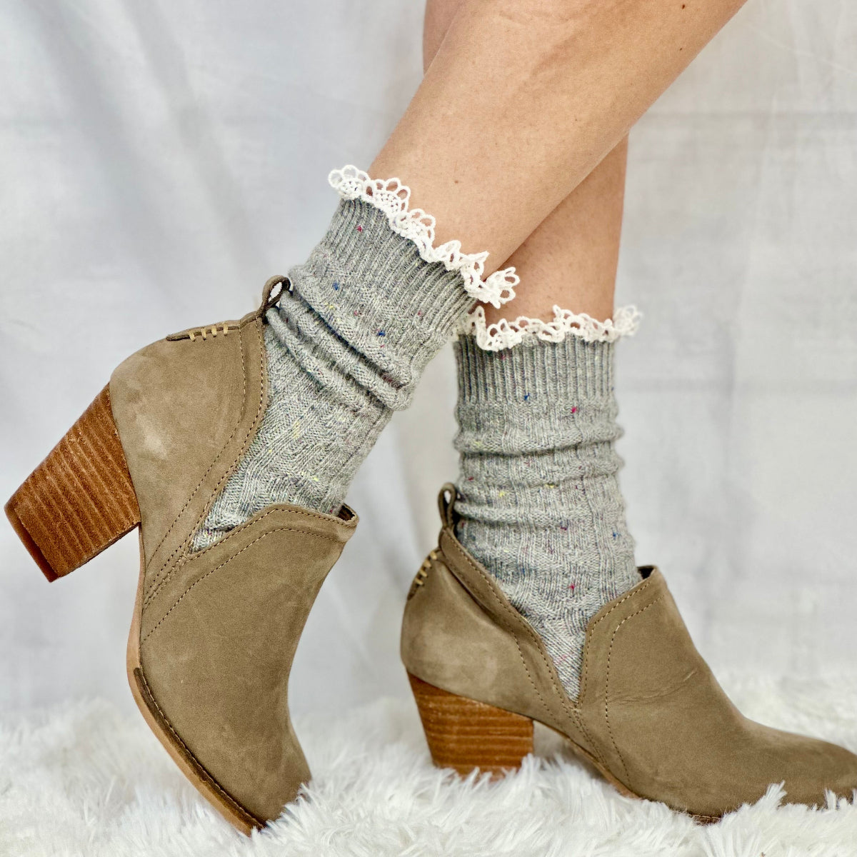 Bootie cute lace topped boot socks, grey, short ankle boot socks, Catherine Cole signature socks women
