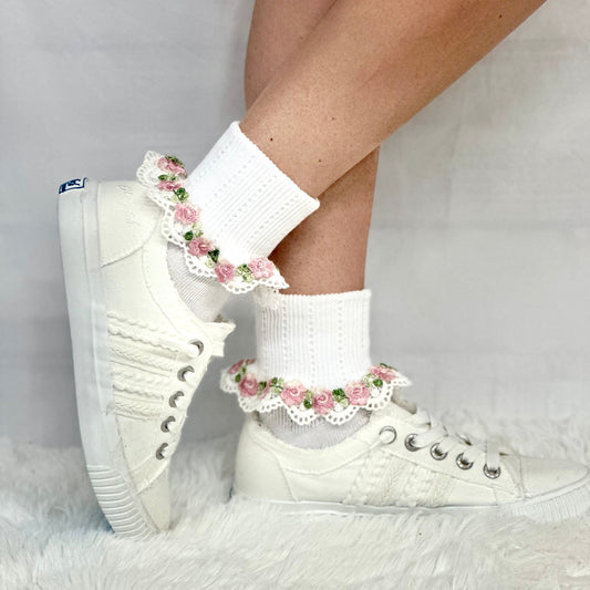 FLOWERS  lace cuff socks - white pink, pretty summer lace cuff sock for women made in USA, Catherine Cole socks