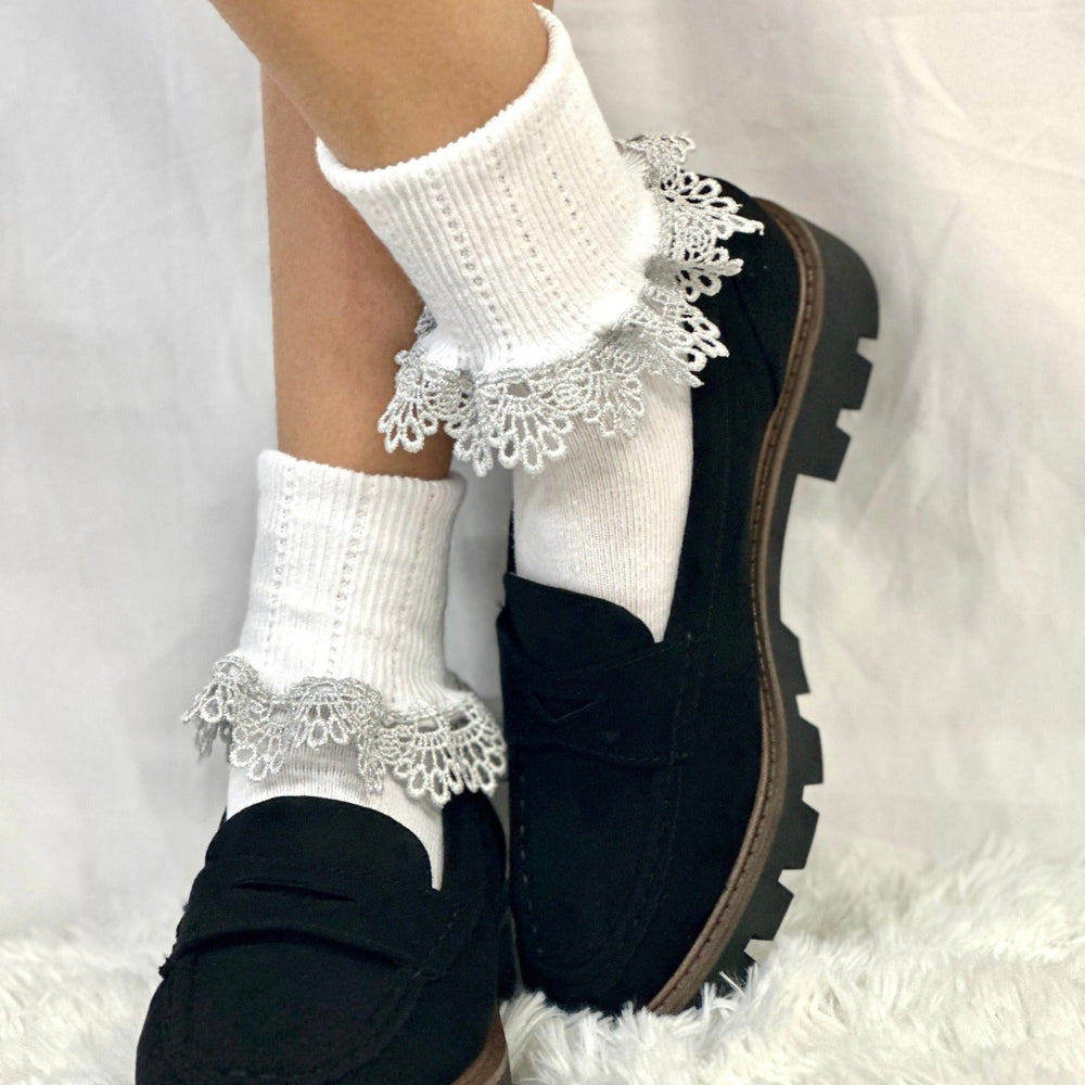 SPARKLES  lace cuff ankle socks  - white metallic silver  lace