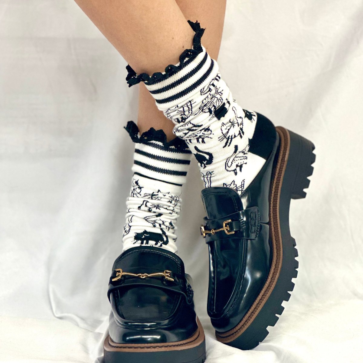 COPY CAT novelty print crew sock women's- black white, Catherine Cole Signature socks
