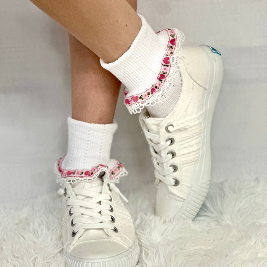 VALENTINE heart vintage lace cuff socks -pink, Catherine Cole signature lace socks, made in usa