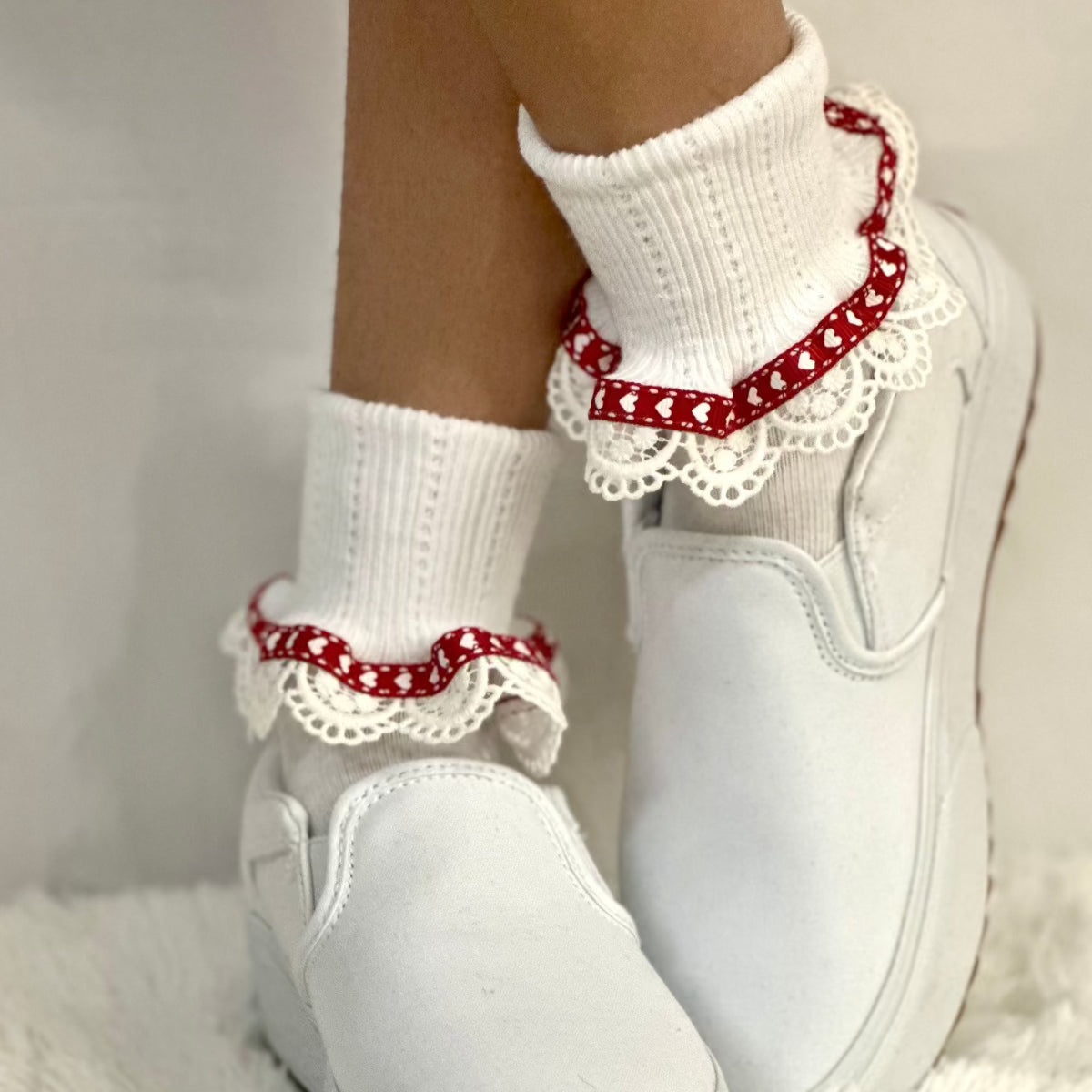 Heart Valentine socks for women, cool lace trimmed socks ladies