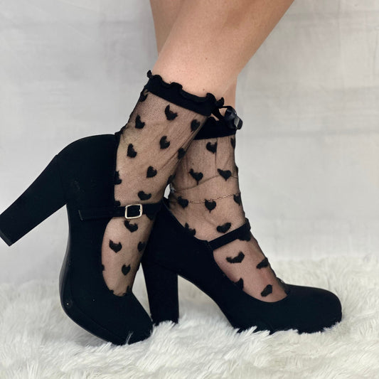 HEARTS sheer lace socks for heels - black, lace socks for heels, Catherine Cole signature socks
