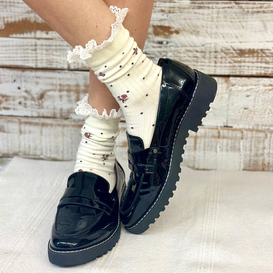 Ditsy and Dots Lace Ankle Socks - Cream