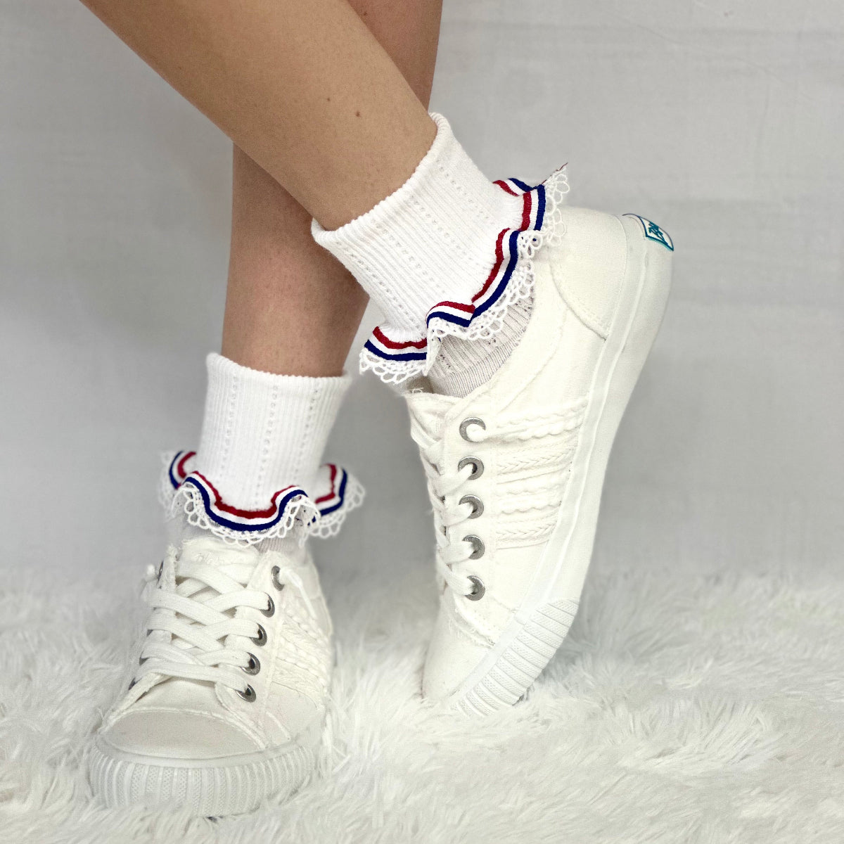 Stripes  patriotic lace cuff socks - white, American socks for women., Catherine Cole signature socks