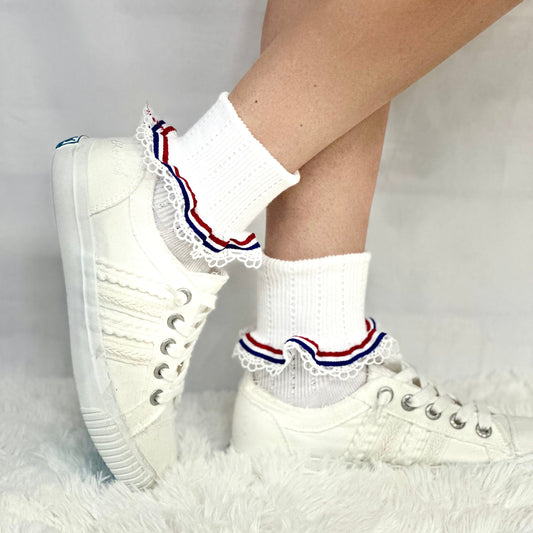 Stripes  patriotic lace cuff socks - white, American socks for women., Catherine Cole signature socks