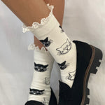 HERE KITTY knit whimsical print crew sock - ivory