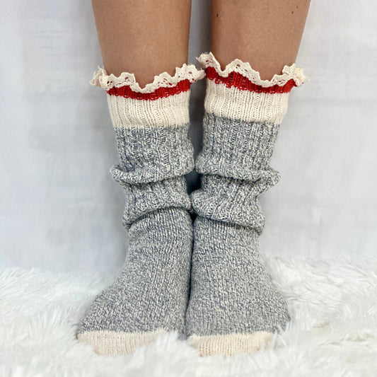 VINTAGE rag striped crew socks women's, made in USA America lace topped socks women, Catherine Cole signature socks