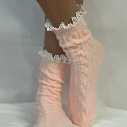 pink soft slipper socks women, gift socks ladies, best quality lace socks.