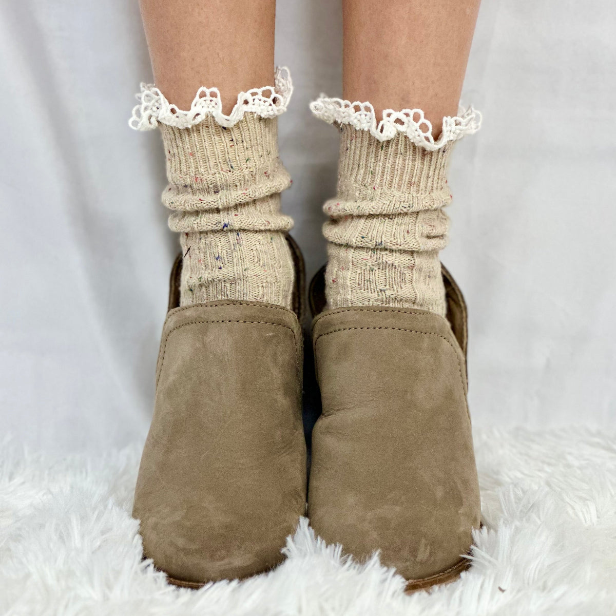 Bootie cute lace topped boot socks, linen tweed , short ankle boot socks, Catherine Cole signature socks women
