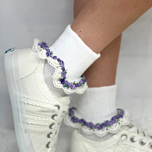 FLOWERS  lace cuff socks - white purple,, pretty summer lace cuff sock for women made in USA, Catherine Cole socks