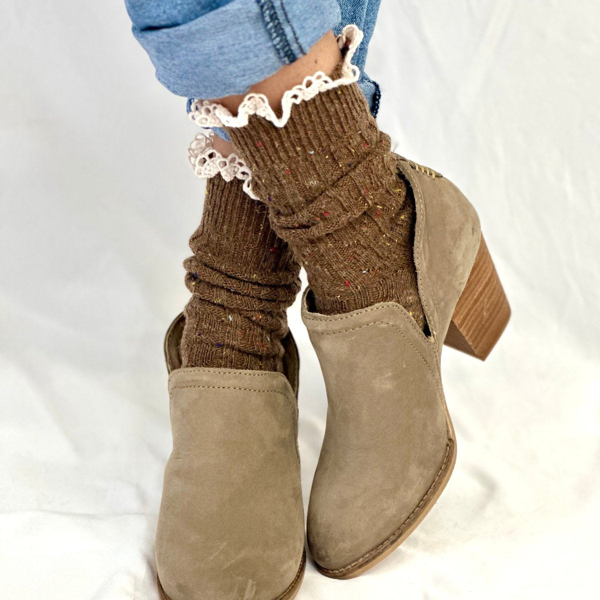 BOOTIE  lace slouch  socks - brown, fall quality slouch socks women, Catherine Cole signature socks