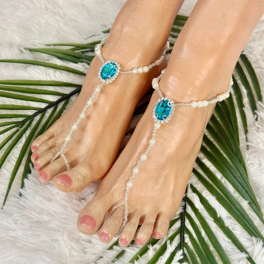 aqua tiffany style bridal foot jewelry women handmade beaded pearls, Catherine Cole Atelier