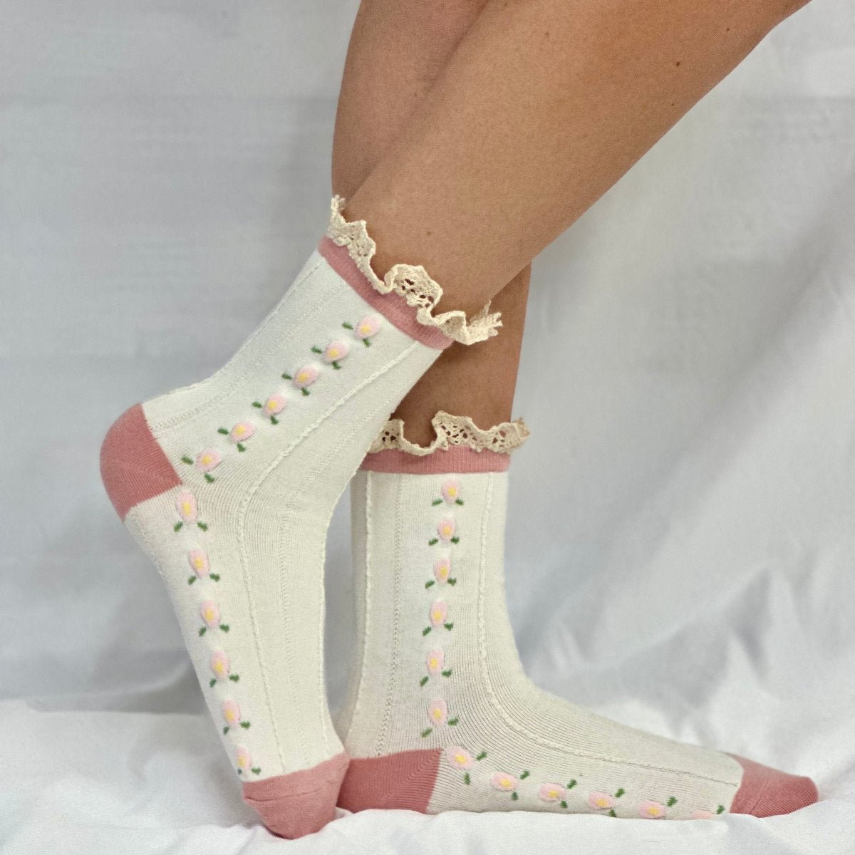 ROSEBUD  floral lace ankle sock - pink, Catherine Cole signature socks