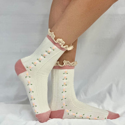 ROSEBUD  floral lace ankle sock - pink, Catherine Cole signature socks