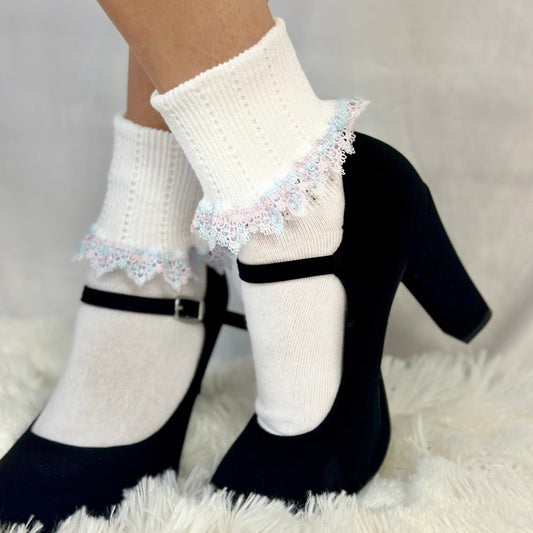 OMBRE" tatted  lace cuff ankle socks  - white blue, lace socks women’s best quality, lace trim ladies socks.