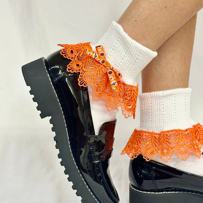 HALOWEEN bow  lace cuff socks - white / orange